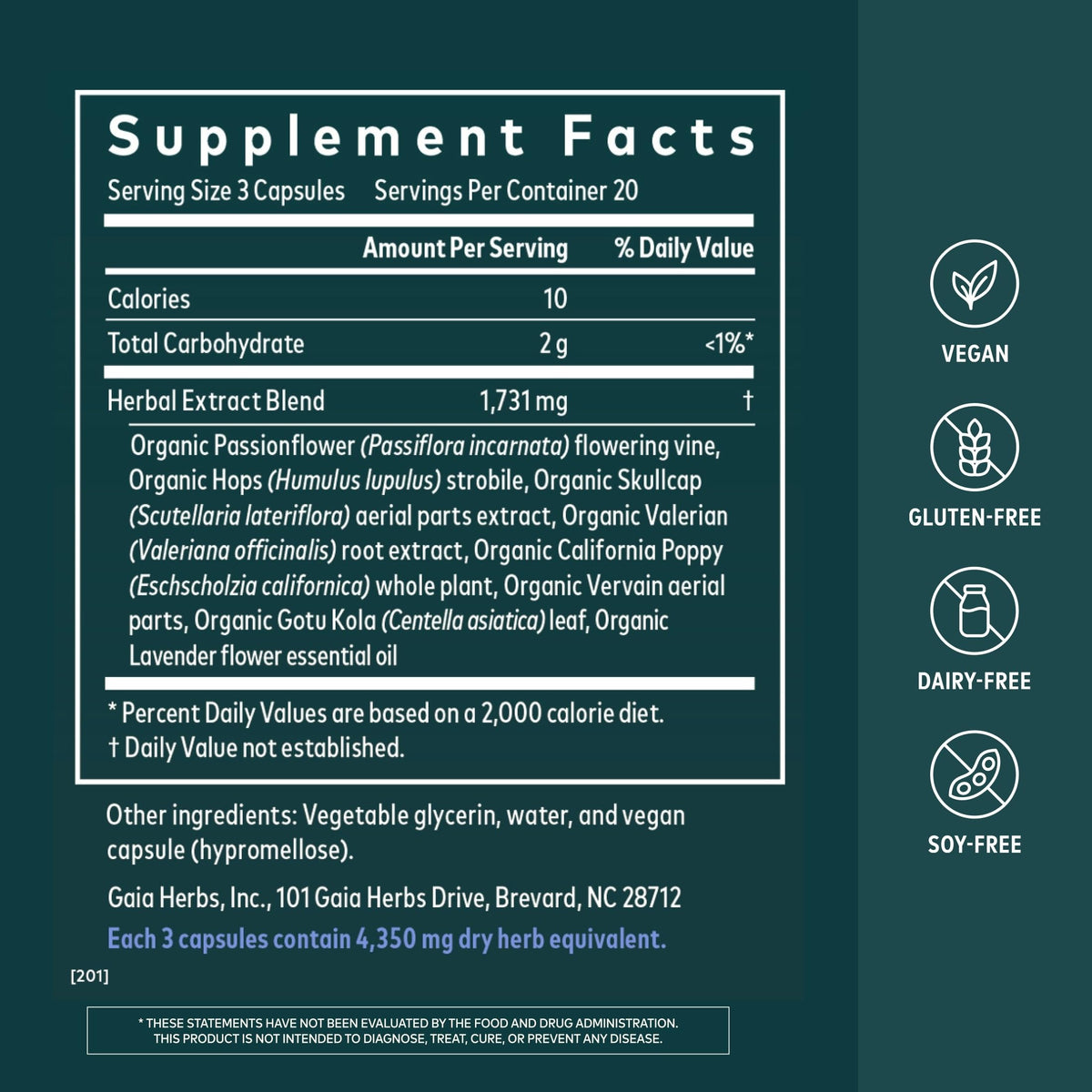 Gaia Herbs Sound Sleep 120 capsules vegan, vue arrière