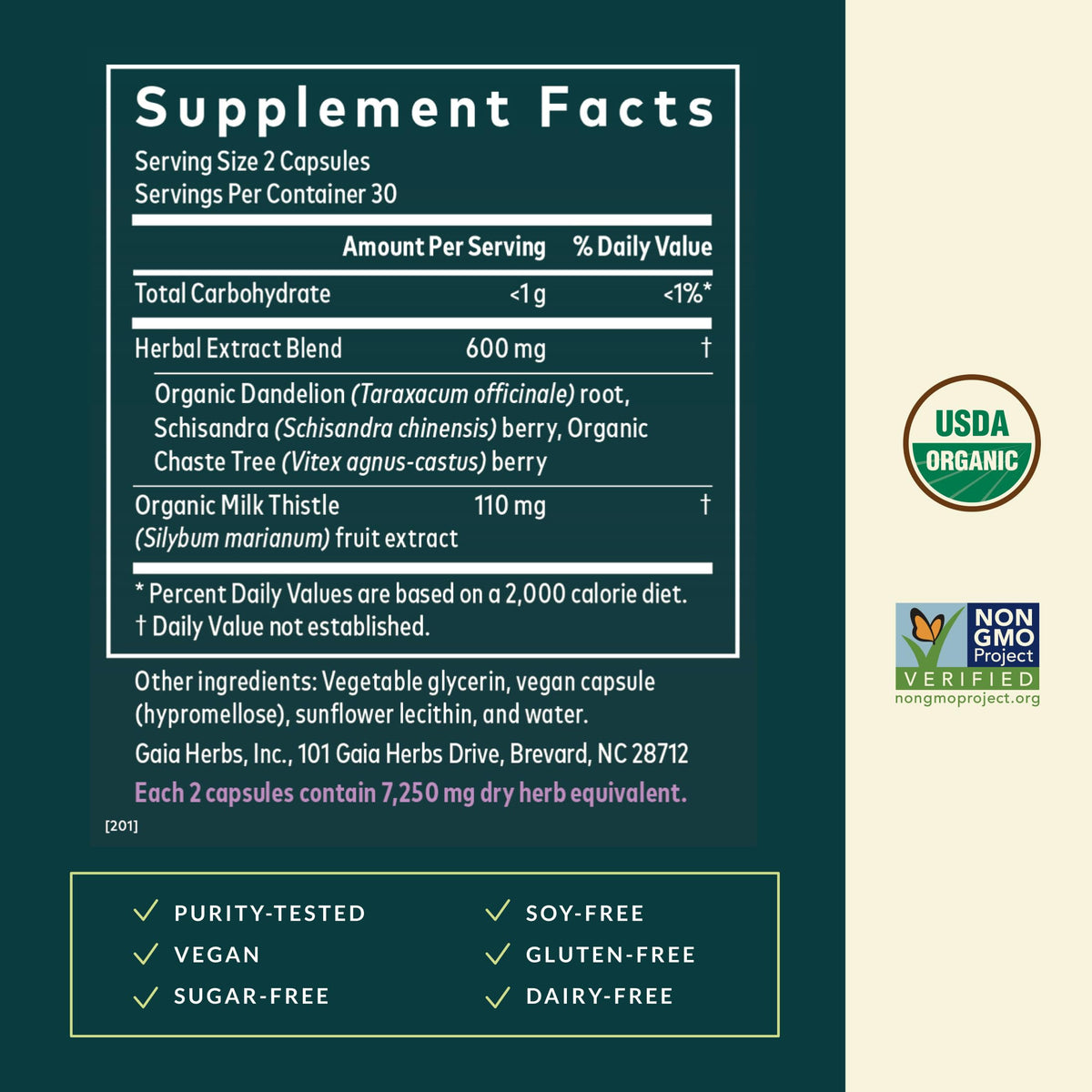 Gaia Herbs Soutien Cycle Féminin 60 capsules, ingrédients affichés sur l'étiquette