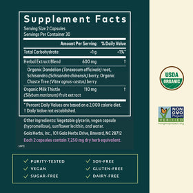 Gaia Herbs Soutien Cycle Féminin 60 capsules, ingrédients affichés sur l'étiquette