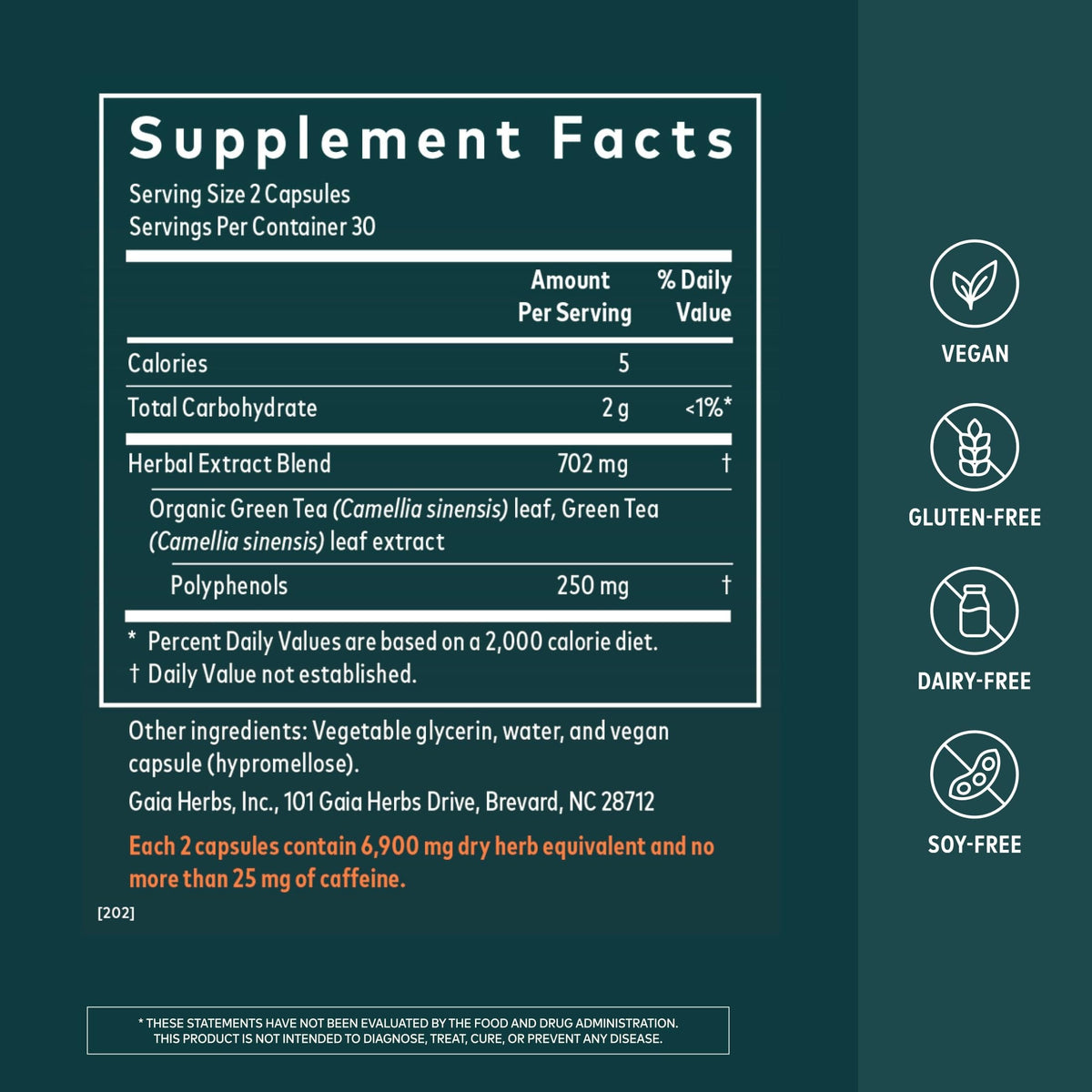 Gaia Herbs Thé Vert 60 Capsules Végétaliennes - vue arrière