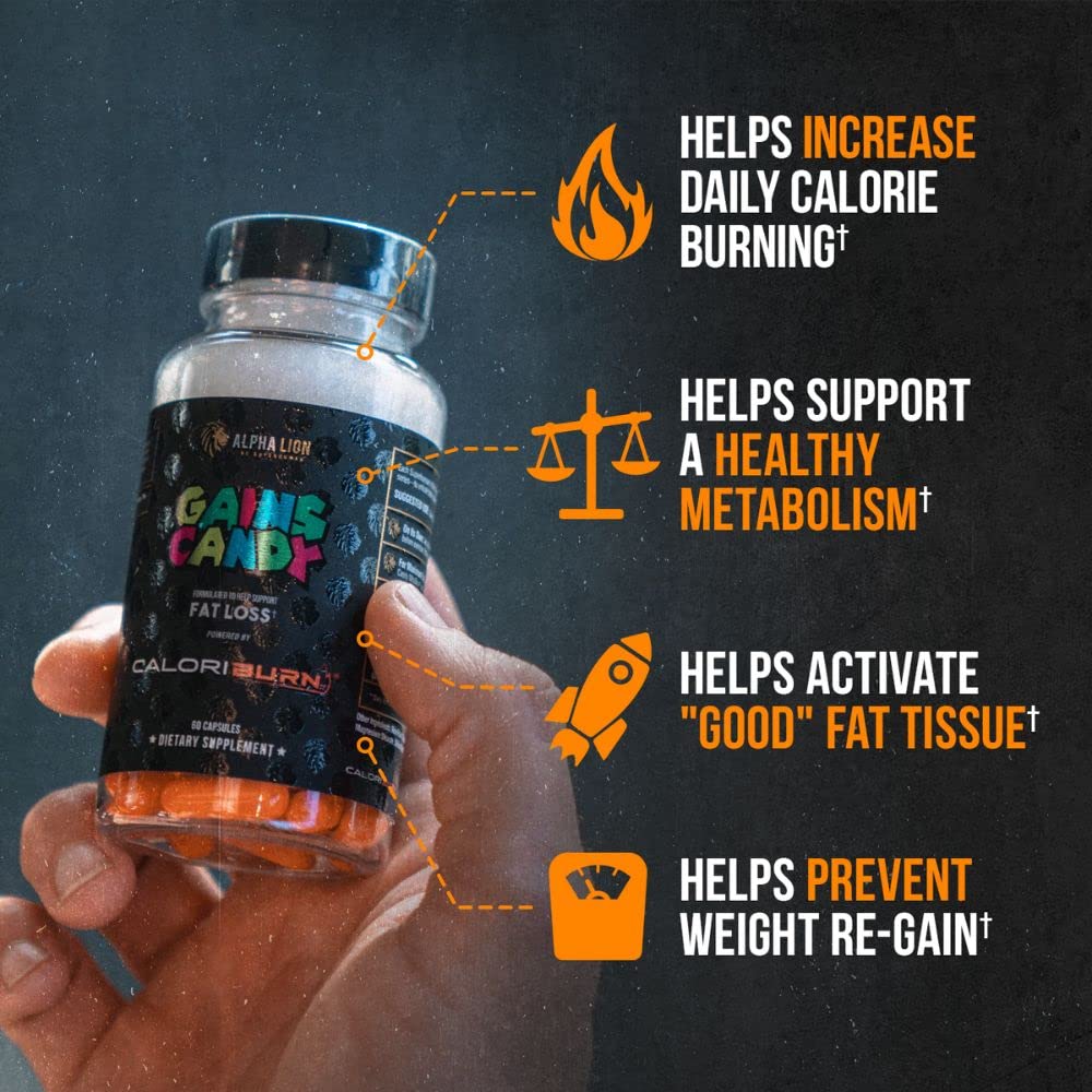 Gains Candy d'ALPHA LION, capsules sur une surface blanche
