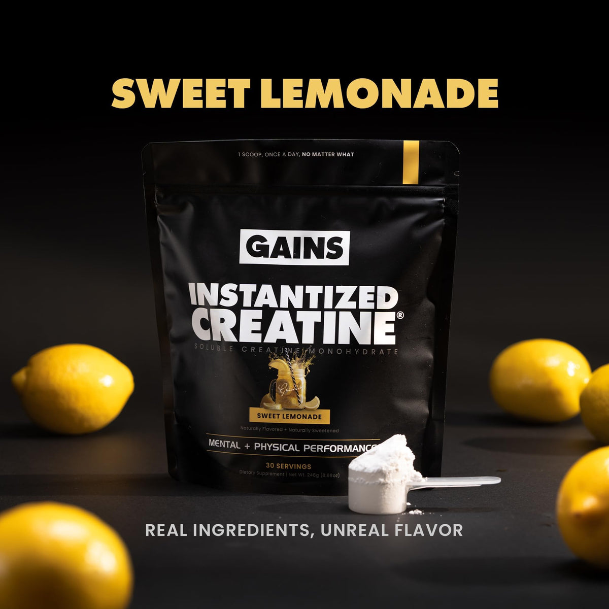 GAINS IN BULK Créatine Monohydrate Instantanée 30 Portions Citron dos de l'emballage