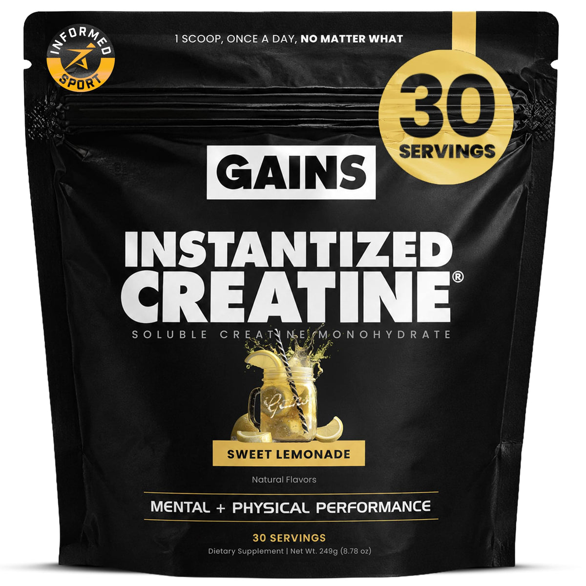 GAINS IN BULK Créatine Monohydrate Instantanée 30 Portions Citron vue de face
