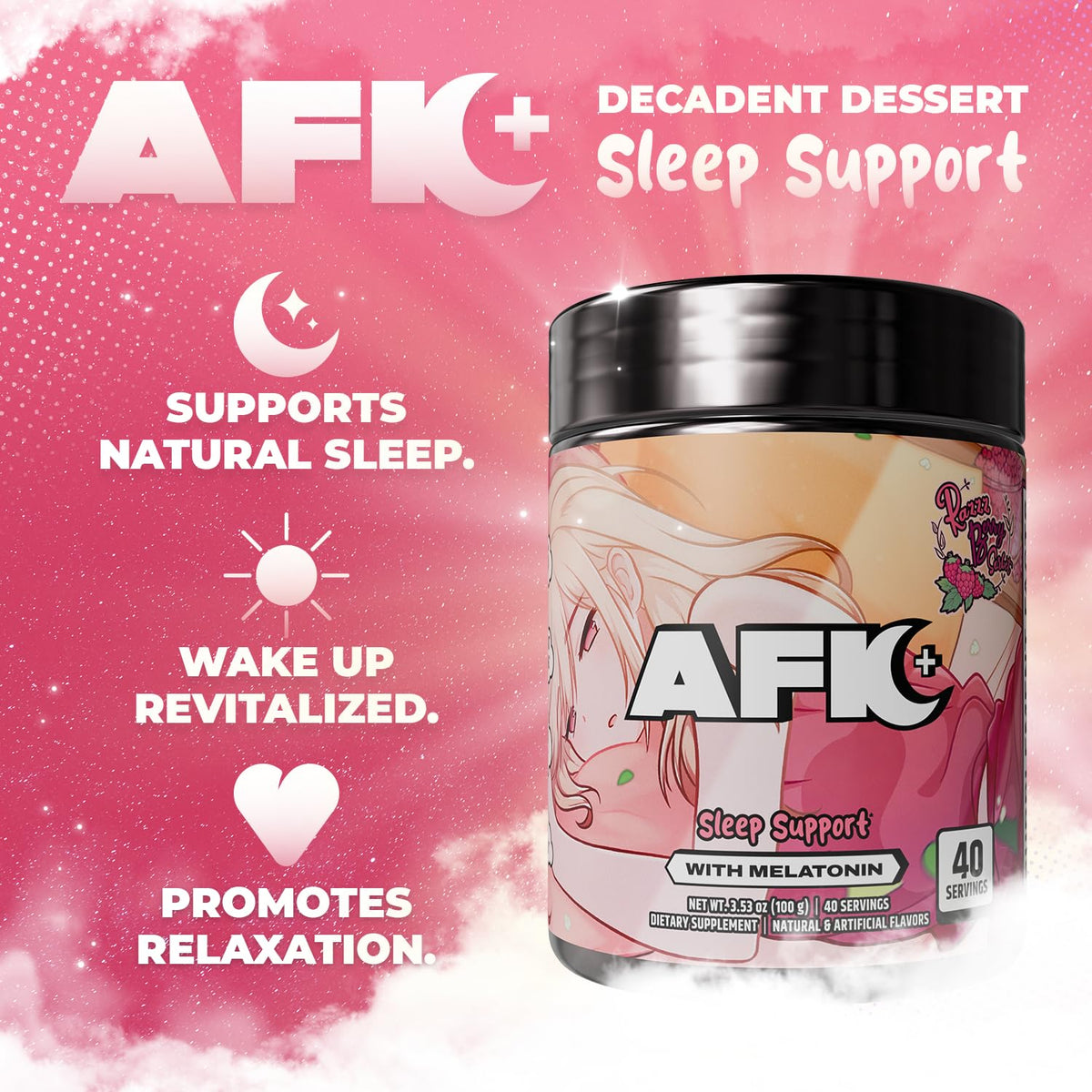 Gamer Supps AFK+® Melatonin Razzz Berry Sorbet powder scoop