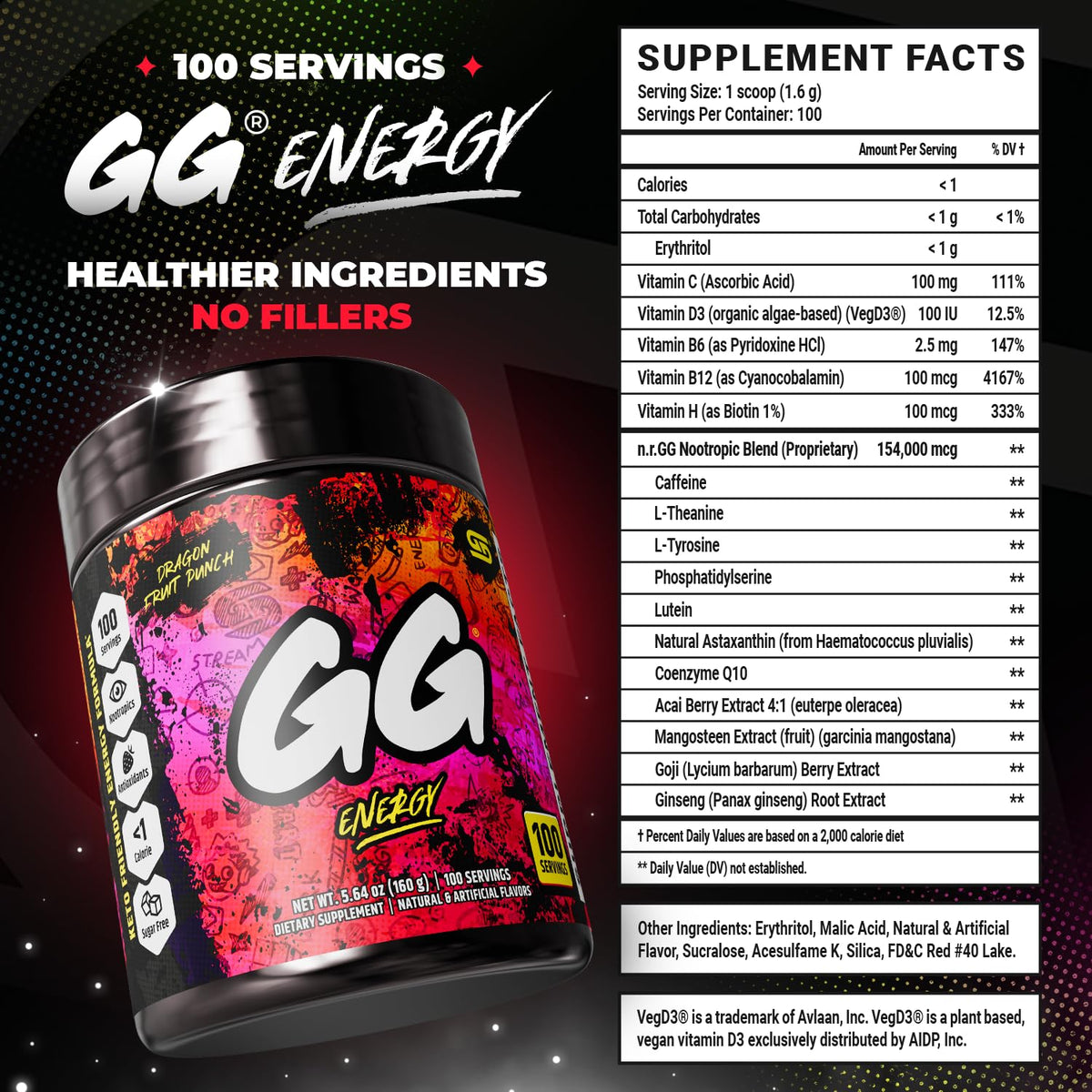 Gamer Supps GG Energy Dragonfruit Punch powder in glass