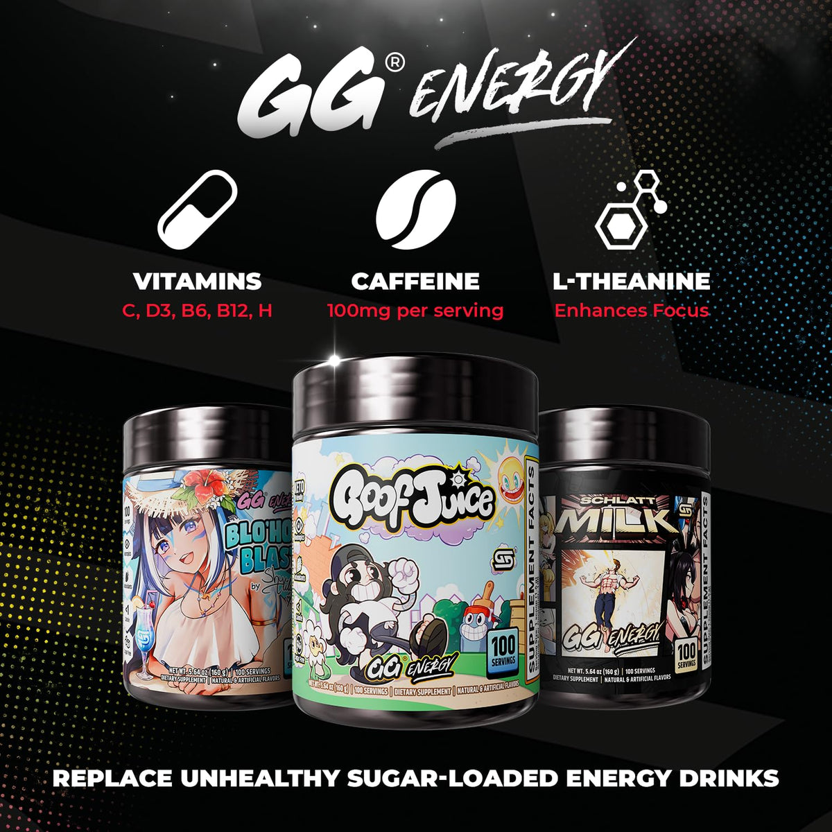 Gamer Supps GG Energy Goof Juice pot avec arrière-plan de jeu vidéo