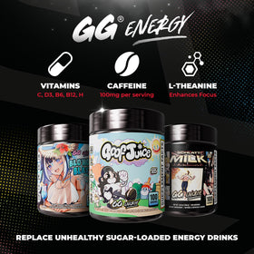 Gamer Supps GG Energy Goof Juice pot avec arrière-plan de jeu vidéo