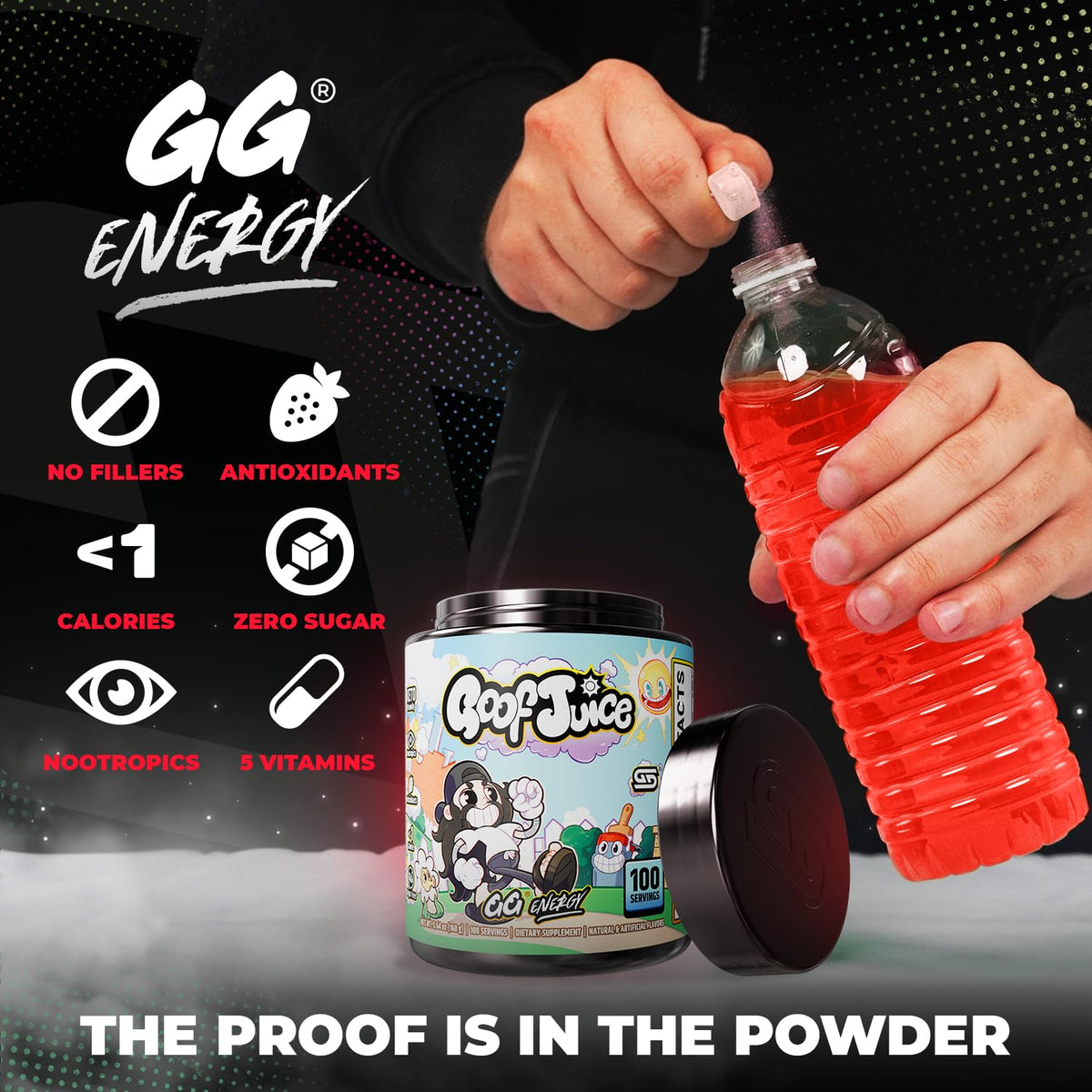 Gamer Supps GG Energy Goof Juice pot ouvert montrant la poudre