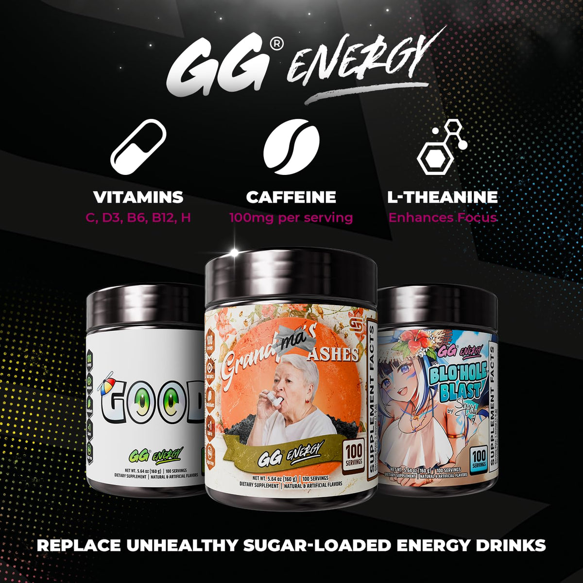 Gamer Supps GG Energy - Grandma's Ashes en usage avec un verre d'eau