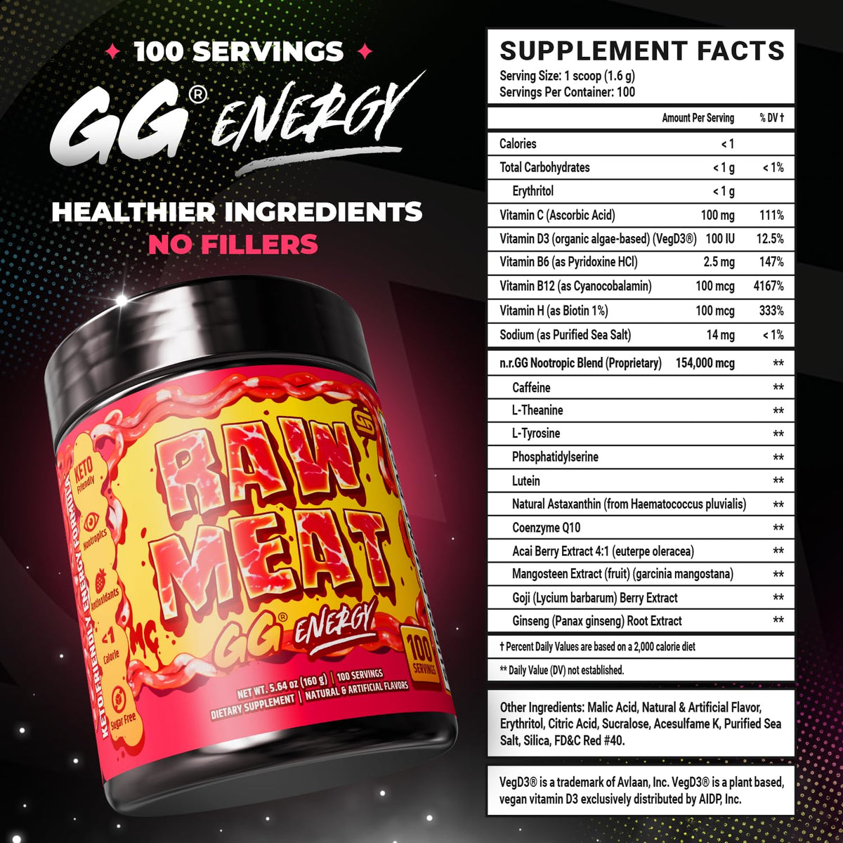 Gamer Supps GG Energy - Raw Meat, pot sur une table de jeu