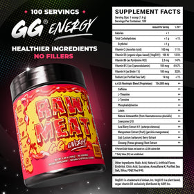 Gamer Supps GG Energy - Raw Meat, pot sur une table de jeu