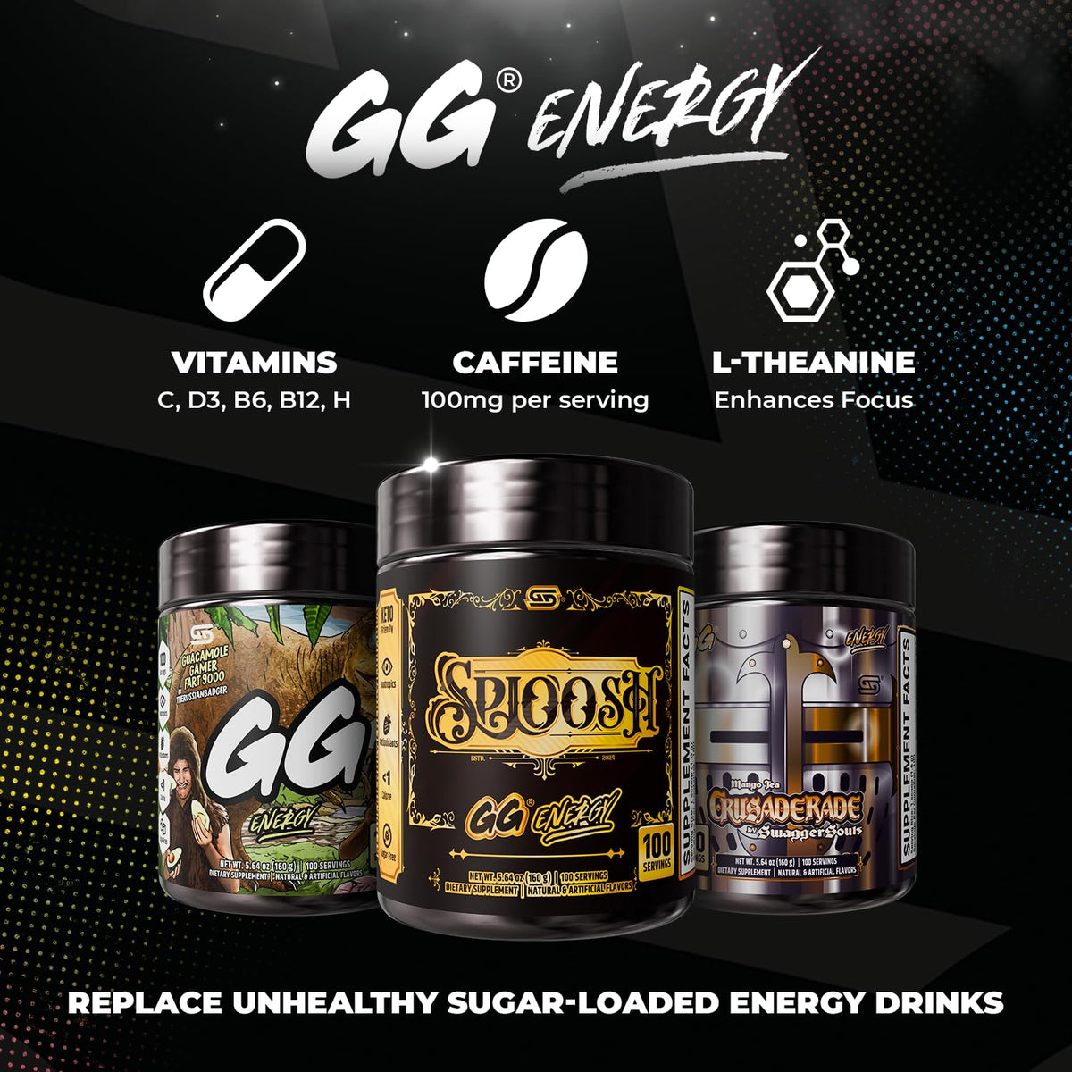 Gamer Supps GG Energy Sploosh pot ouvert montrant la poudre
