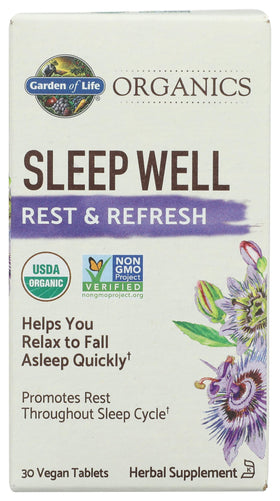 Garden of Life comprimés de sommeil avec ingrédients naturels en arrière-plan