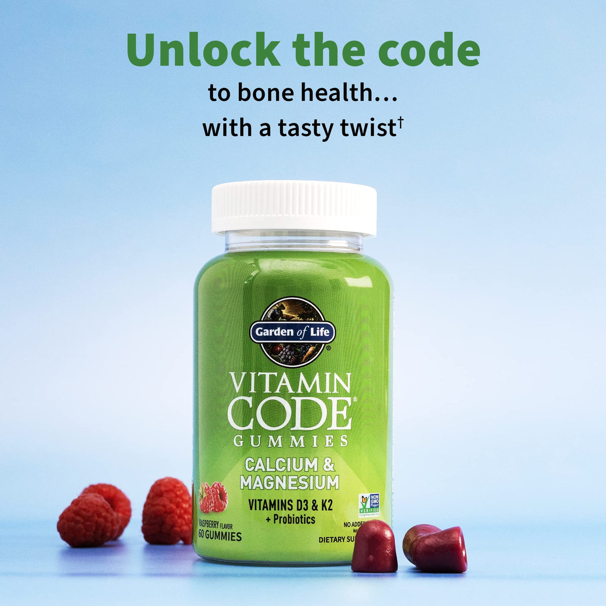 Garden of Life Gummies Calcium Magnésium Framboise 60 unités avec une poignée de gummies