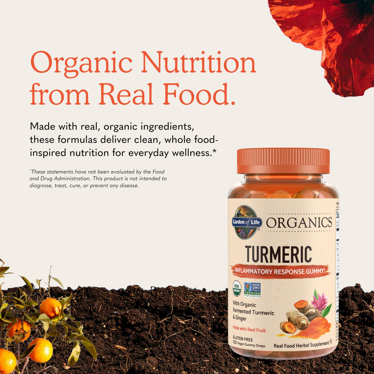 Garden of Life Gummies Curcuma 120 gélifiés à côté d'un verre d'eau