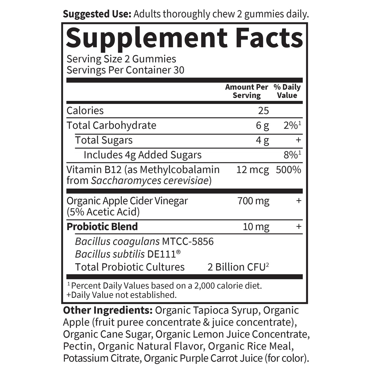 Garden of Life Gummies Probiotiques ACV 700mg, présentation des ingrédients