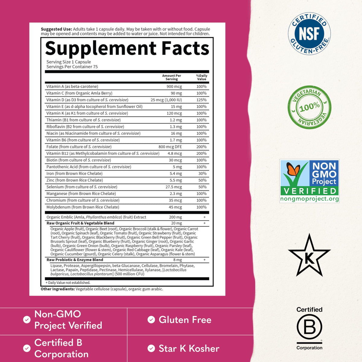 Garden of Life Multivitamine Femme capsules ouvertes avec eau