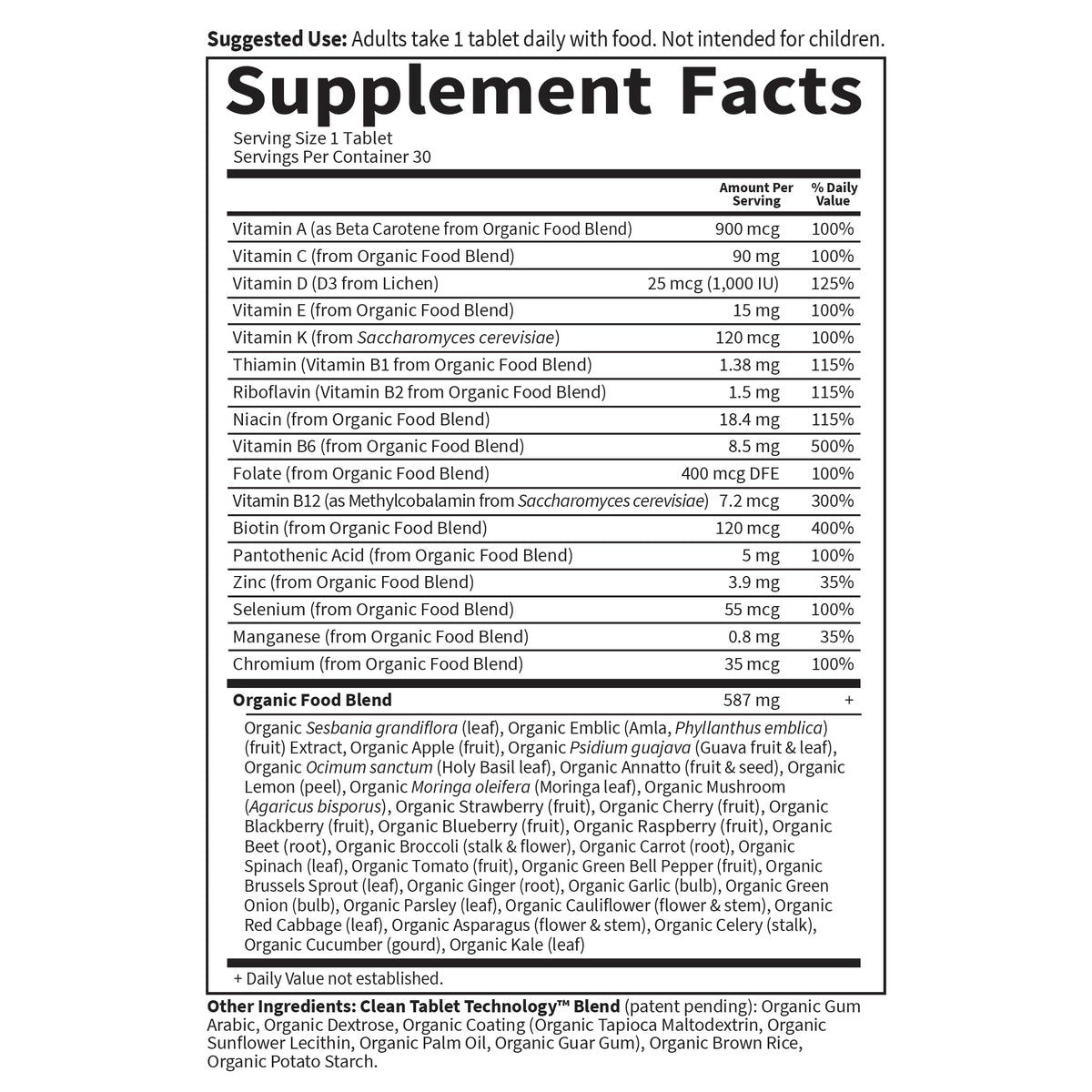 Garden of Life Multivitamine Homme Bio 30 comprimés, vue arrière de l'emballage