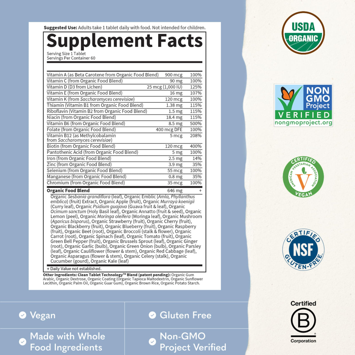 Garden of Life Multivitamine Quotidienne Bio pour Hommes - étiquette avec ingrédients