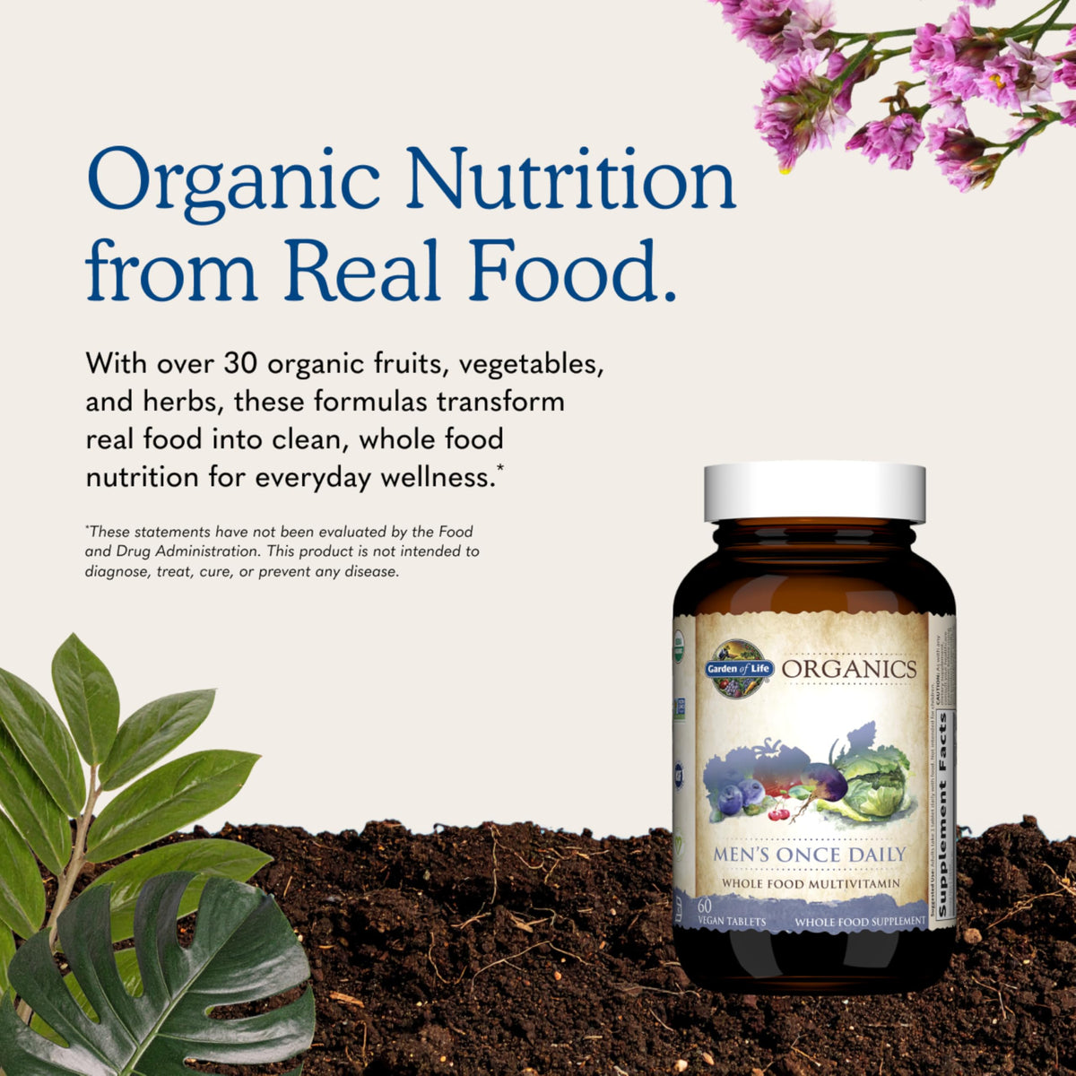 Garden of Life Multivitamine Quotidienne Bio pour Hommes - flacon ouvert avec comprimés