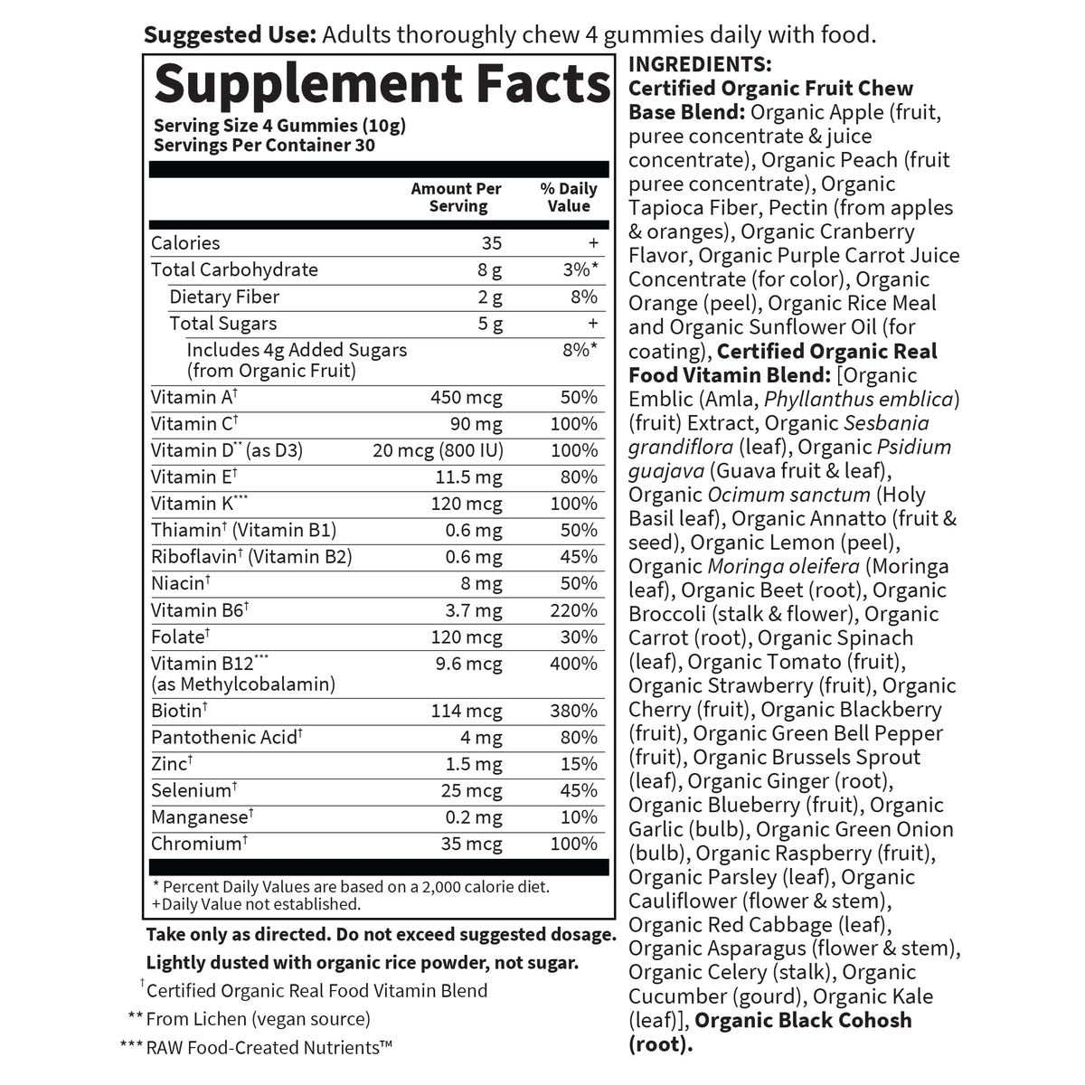 Garden of Life Multivitamines Gummy Femme 40+ étiquette arrière
