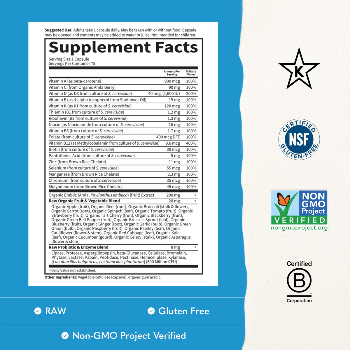 Garden of Life Multivitamines pour Hommes 75 Capsules - étiquette des ingrédients