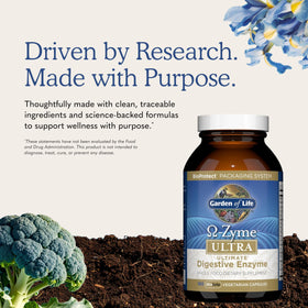 Garden of Life Omega-Zyme ULTRA capsules on a wooden table