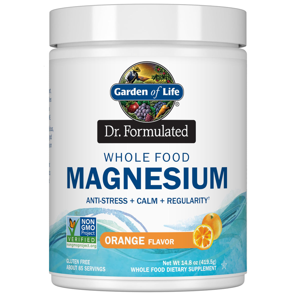 Garden of Life Poudre de Magnésium 419,5g vue de face avec emballage orange