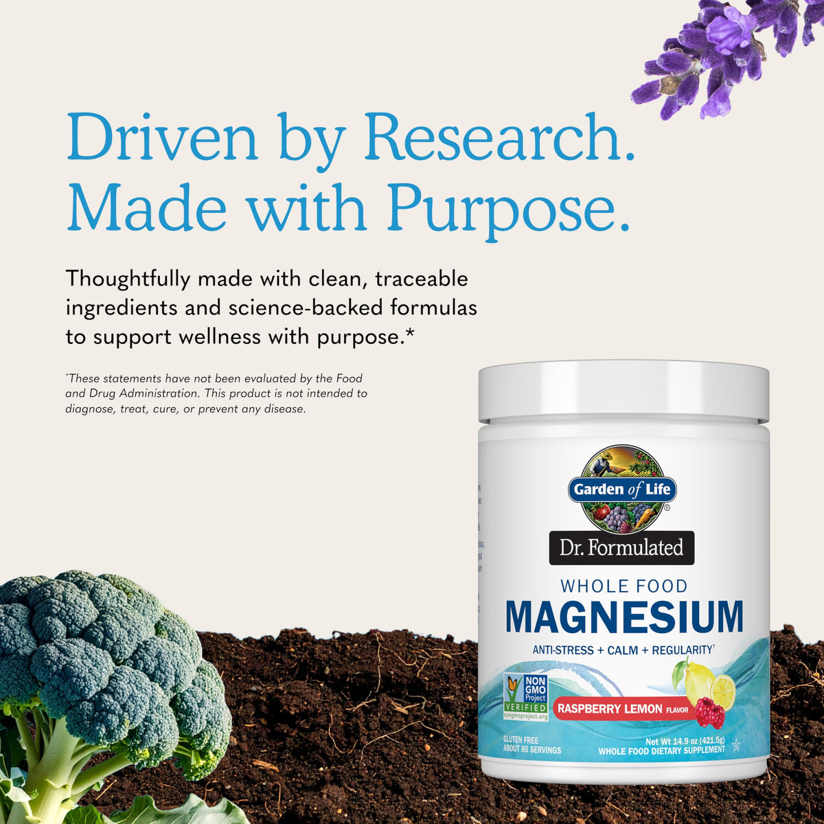 Garden of Life Poudre de Magnésium Framboise Citron 490g sur une table