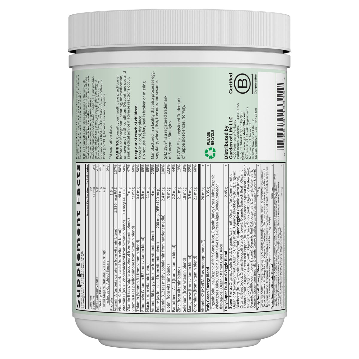 Garden of Life Poudre de Super-aliments Bio 322g étiquette détaillée
