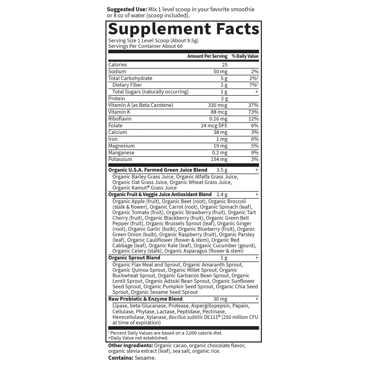 Garden of Life Poudre de Superaliment Bio Chocolat 60 Portions utilisation quotidienne