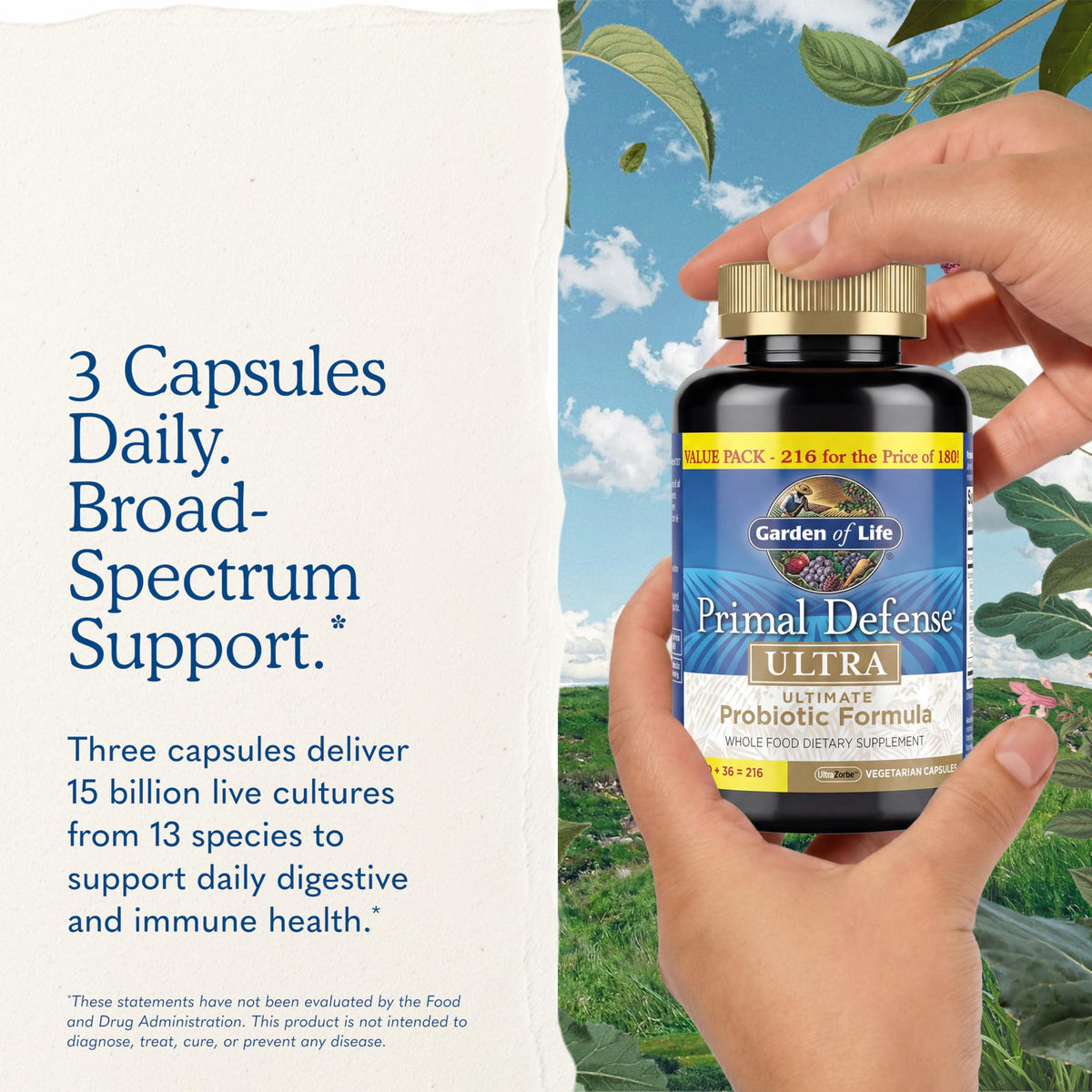 Garden of Life Primal Defense Ultra capsules with a glass of water
