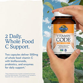 Garden of Life Vitamine Code Vitamine C 120 capsules, présentation avec fruits et légumes