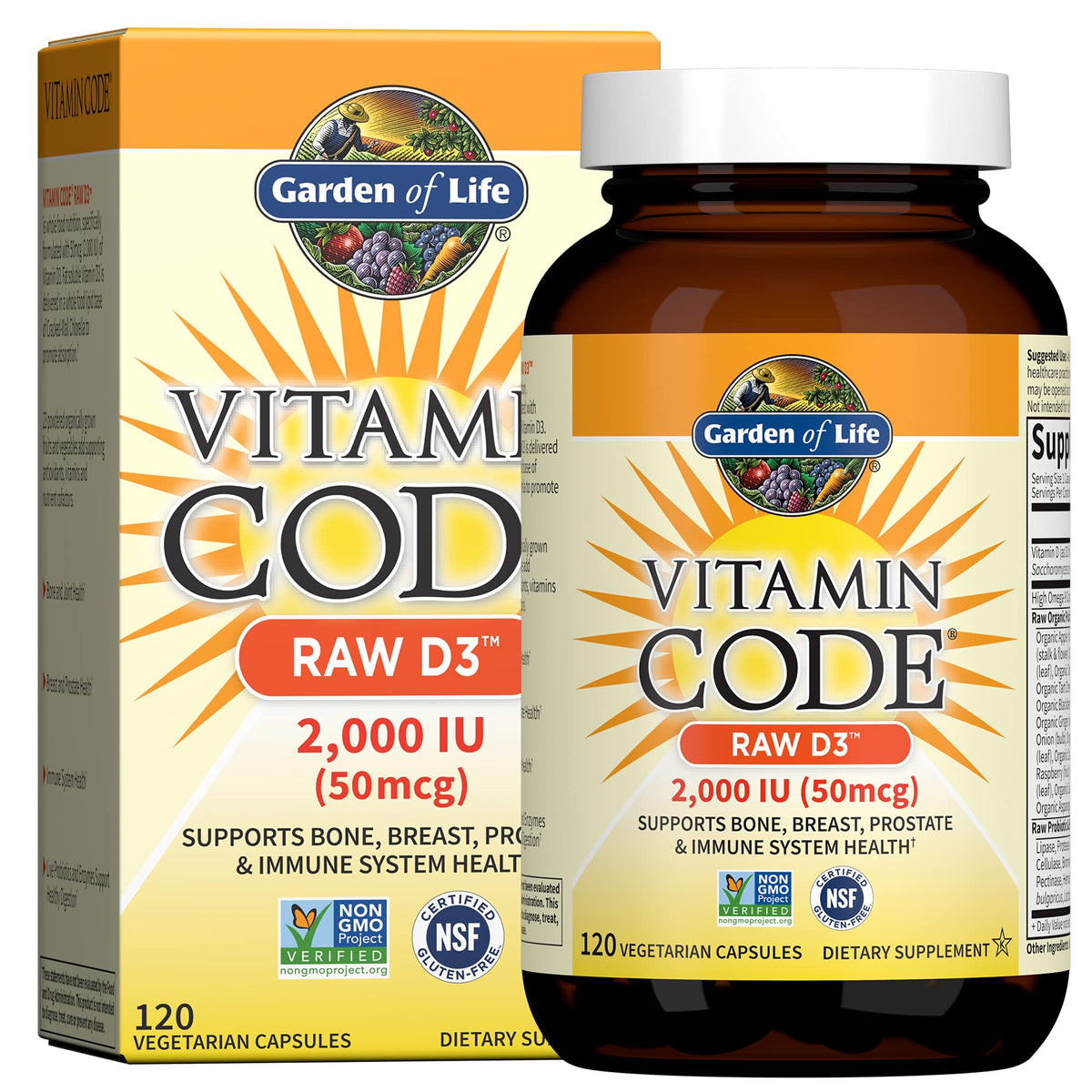 Garden of Life Vitamine D3 2000 UI 120 capsules végétariennes vue de face