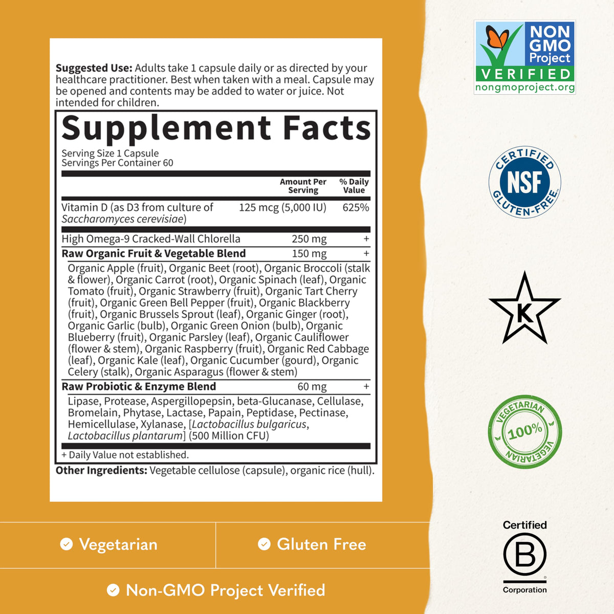 Garden of Life Vitamine D3 5000 IU 60 Capsules Végétariennes, étiquette des ingrédients