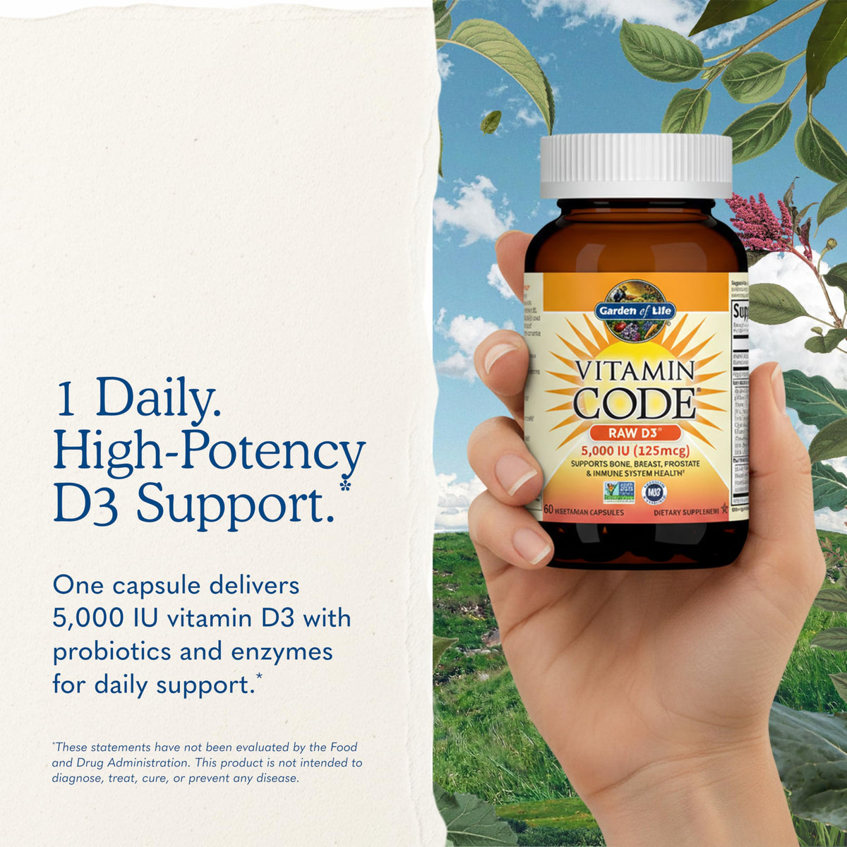 Garden of Life Vitamine D3 5000 IU 60 Capsules Végétariennes, vue latérale
