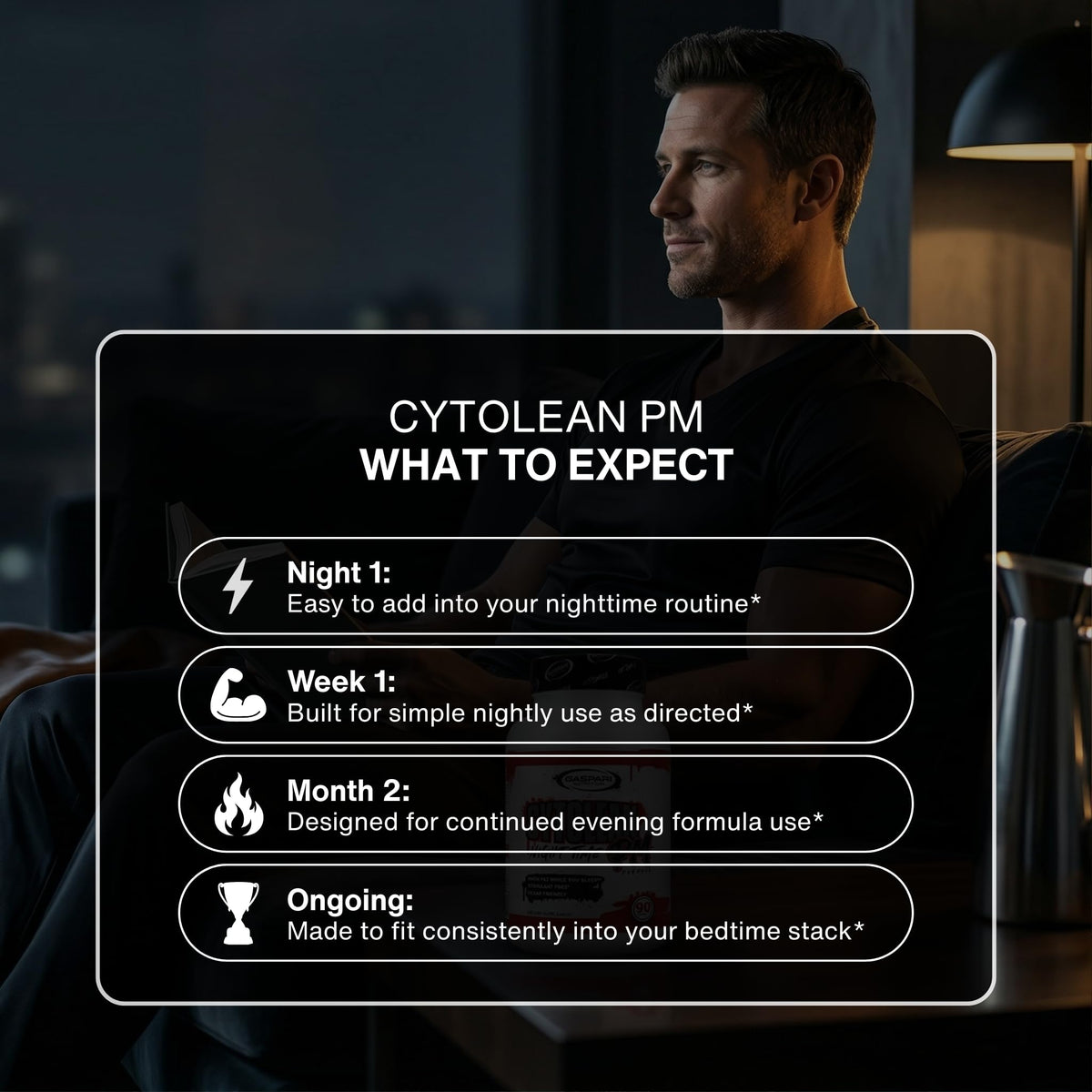Gaspari Nutrition Cytolean PM avec un verre d'eau