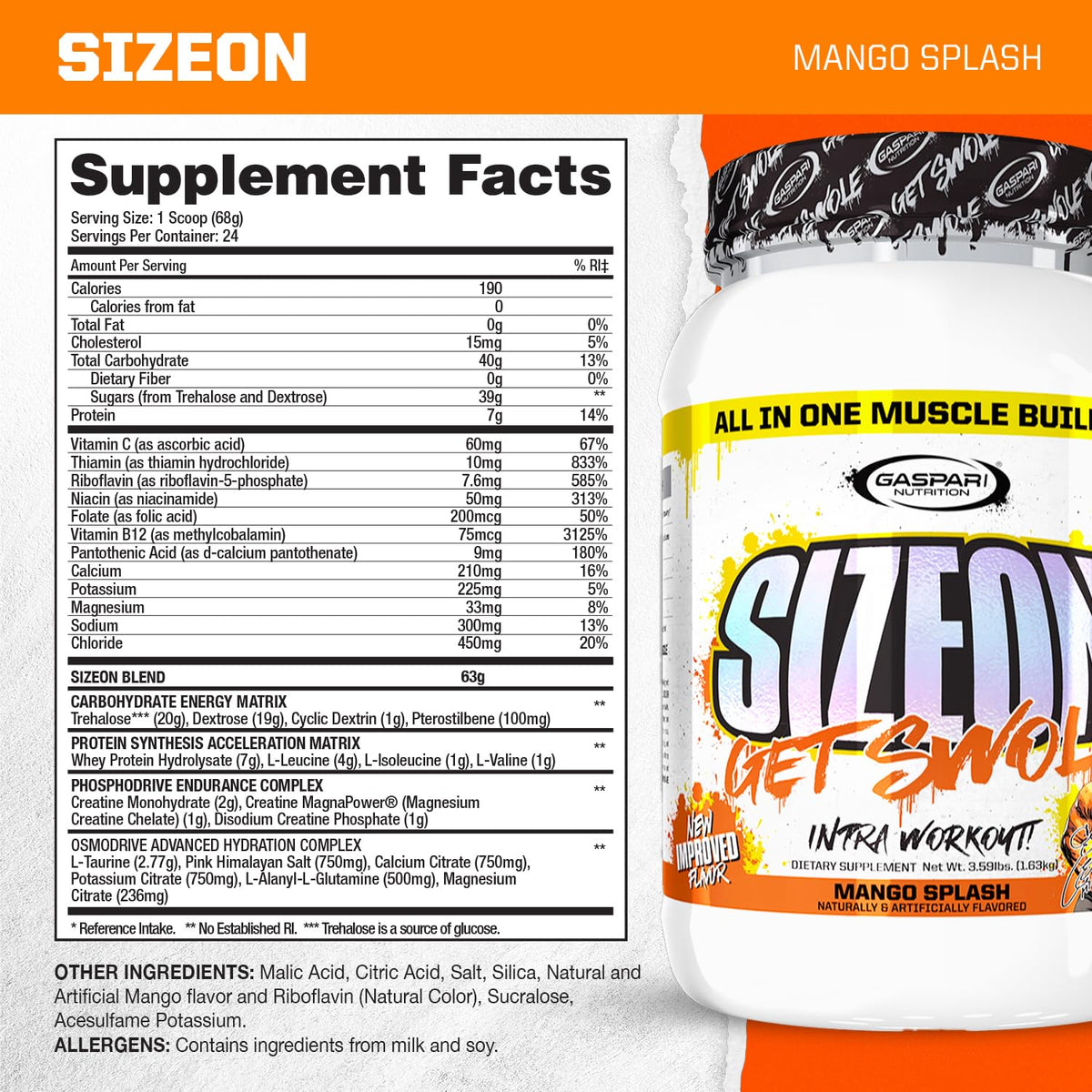 Gaspari Nutrition SizeOn Poudre de Protéine 3,59 kg - étiquette et ingrédients
