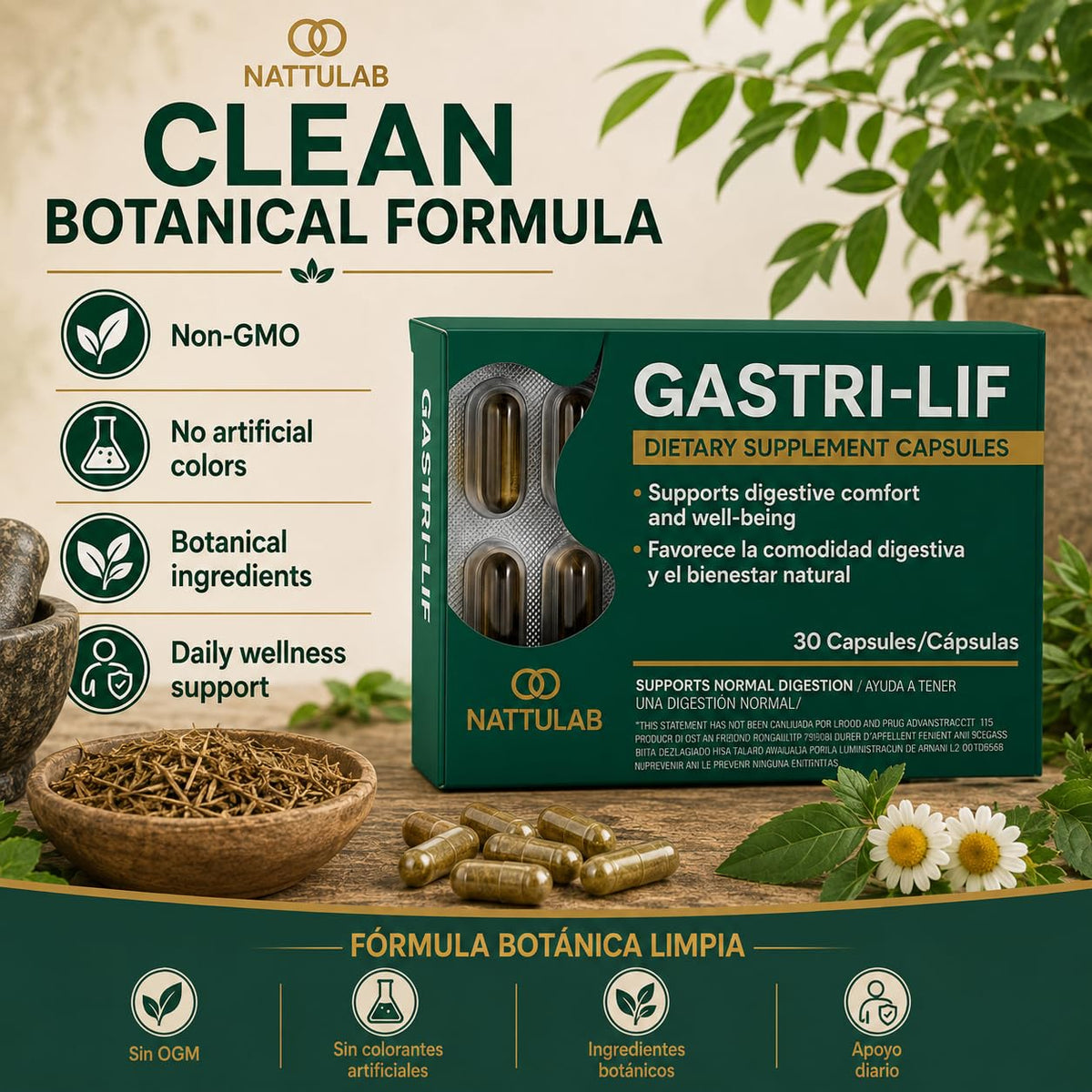 GASTRI-LIF de NATTULAB sur une table en bois