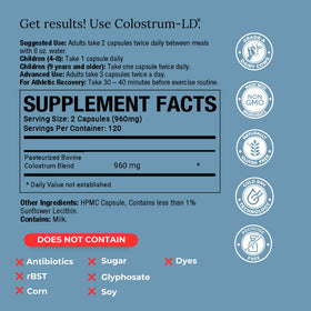 GastroDefense Colostrum-LD gélules ouvertes montrant le contenu