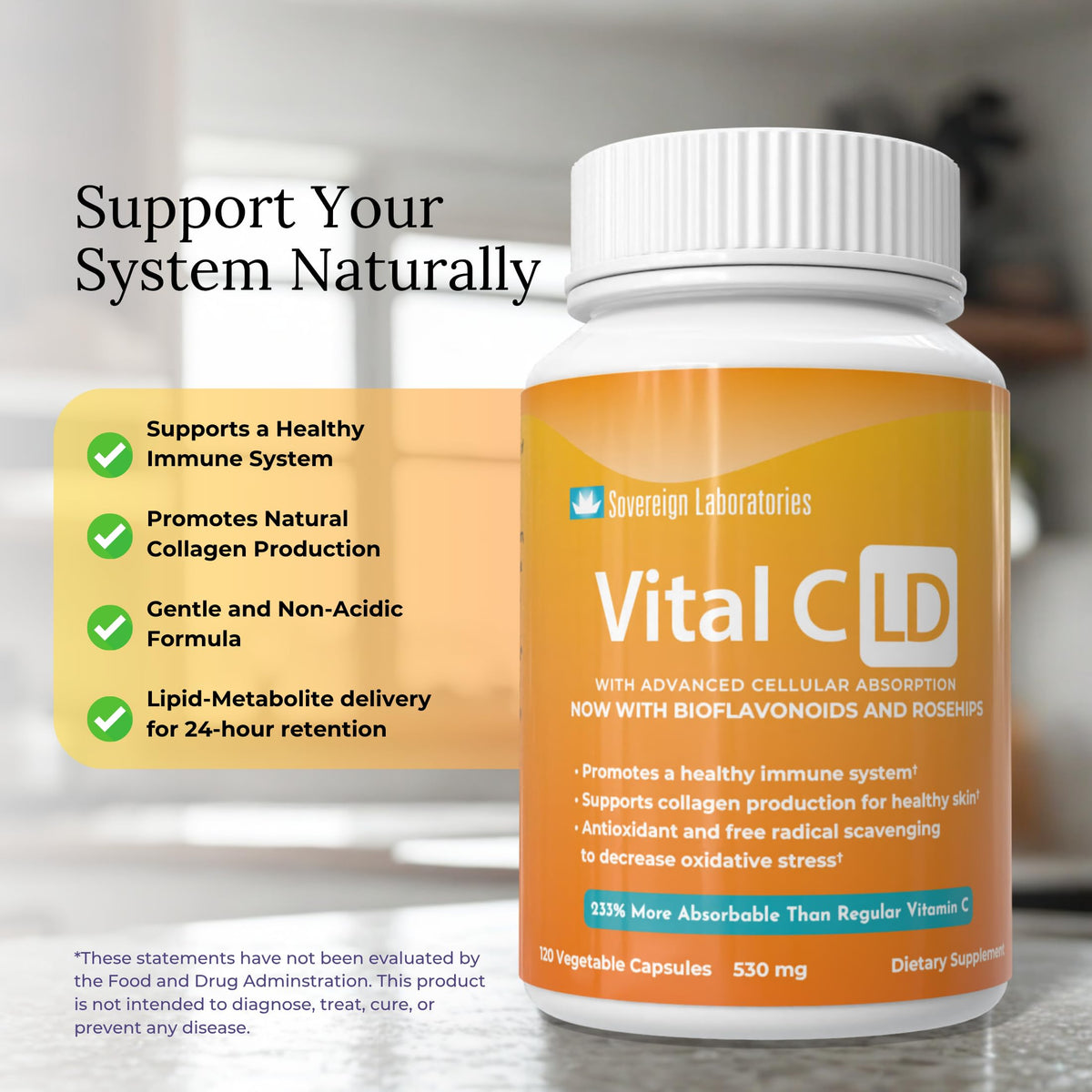 GastroDefense Vital C-LD 530mg capsules on a table