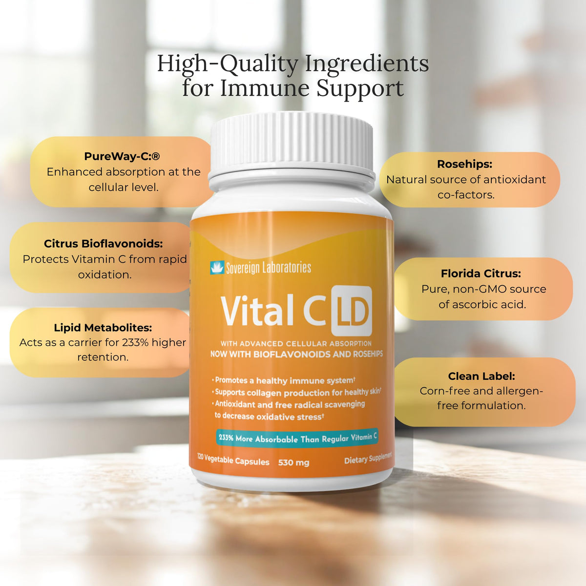 GastroDefense Vital C-LD 530mg capsules with citrus fruits
