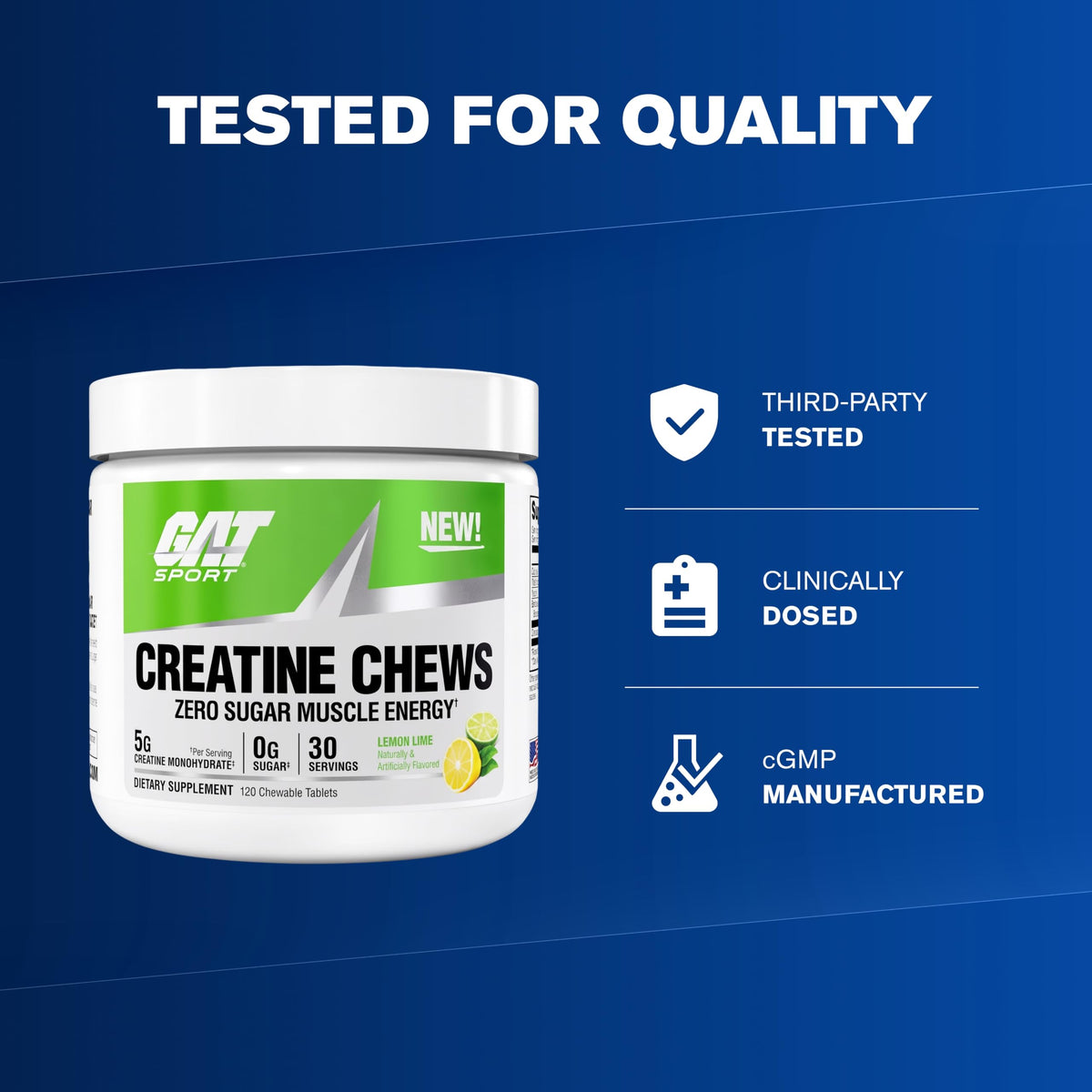 GAT SPORT CREATINE Chews citron vert, gros plan sur les comprimés