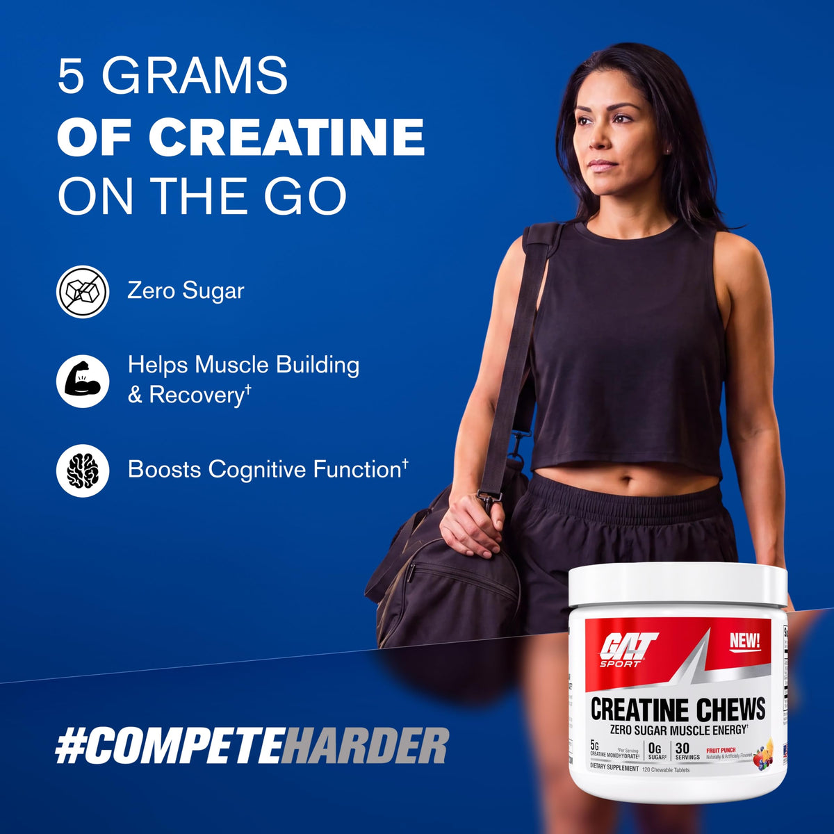 GAT SPORT CREATINE Chews Fruit Punch tablettes à mâcher sur fond blanc
