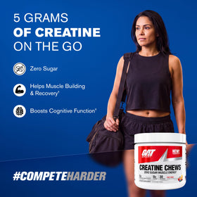 GAT SPORT CREATINE Chews Fruit Punch tablettes à mâcher sur fond blanc