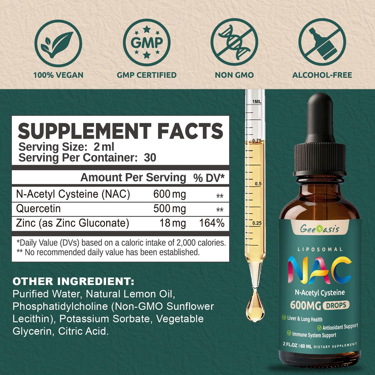 Geeoasis Complément Alimentaire Liquide NAC 600 mg 60 ml - vue arrière