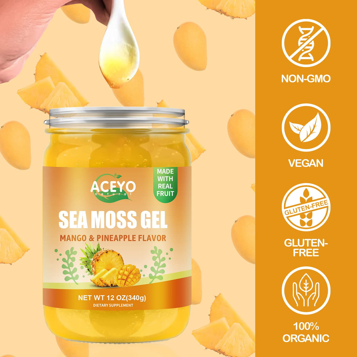 Gel d'algue marine ACEYO 12 OZ en verre avec fruits
