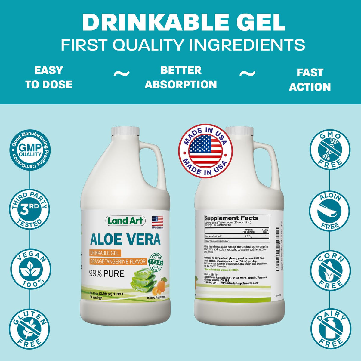 Gel d'Aloe Vera à boire Orange Land Art 64 fl oz avec ingrédients