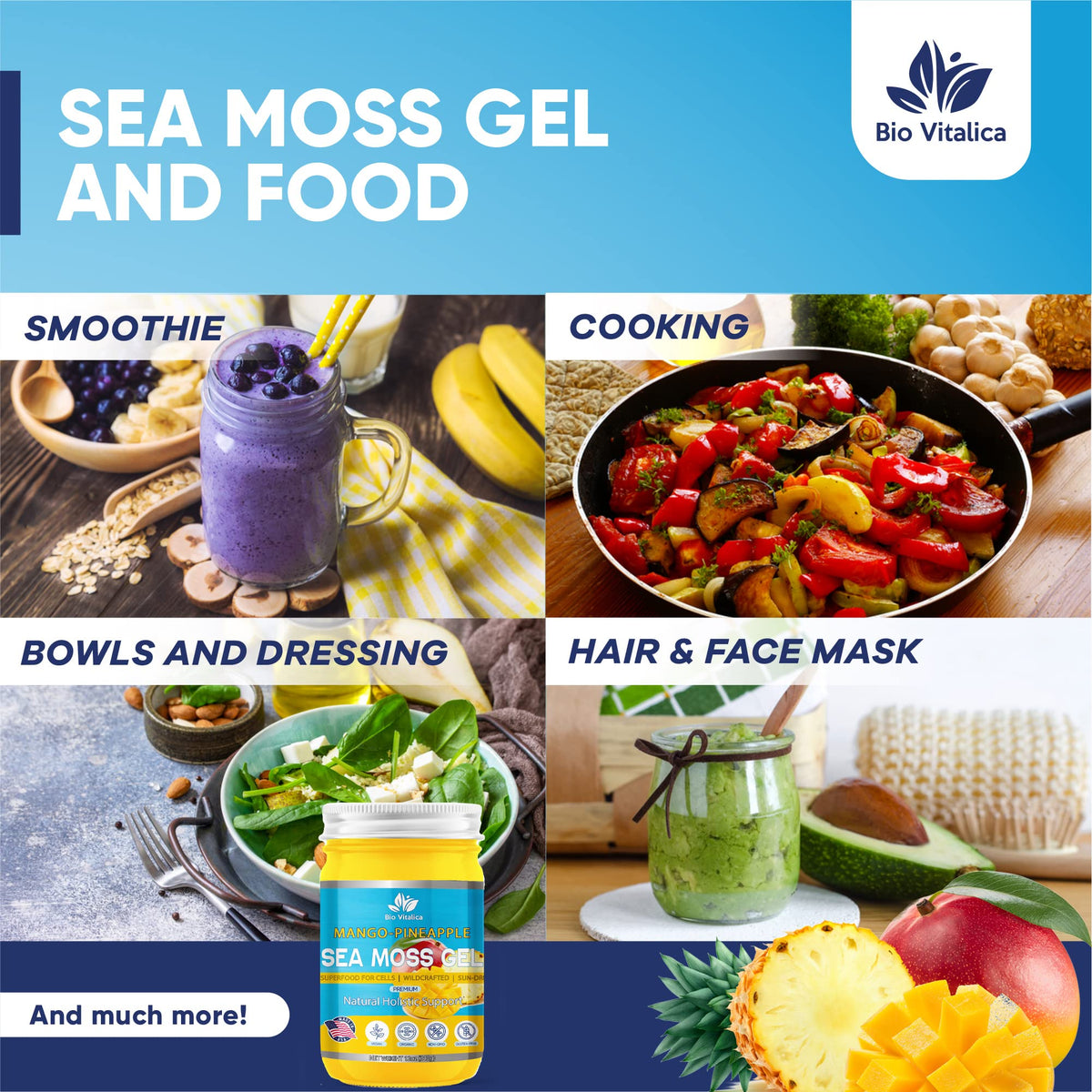 Gel d'Irish Sea Moss BIO VITALICA 12oz en utilisation dans un smoothie