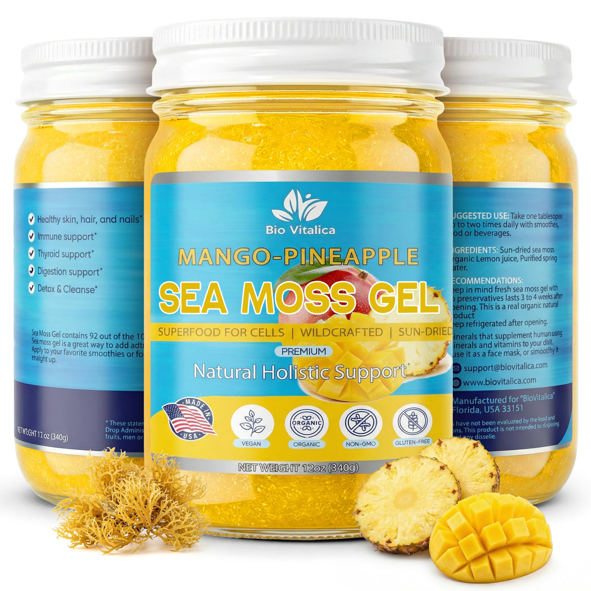 Gel d'Irish Sea Moss BIO VITALICA 12oz vue avant avec étiquette mangue-ananas